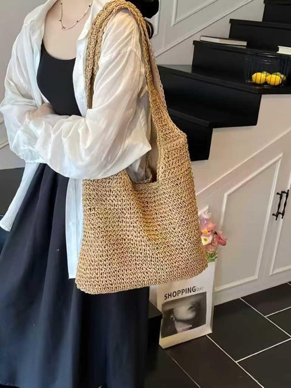 Hand-woven Soft Large Straw Shoulder Bag Boho Straw Handle Tote Retro Summer Bea - Picture 3 of 4